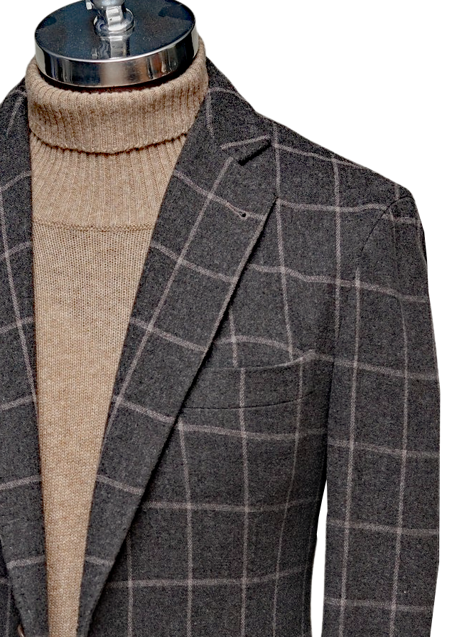 TOMBOLINI - Brązowa Włoska Marynarka Flanelowa w Kratę - Virgin Wool & Cotton (56)