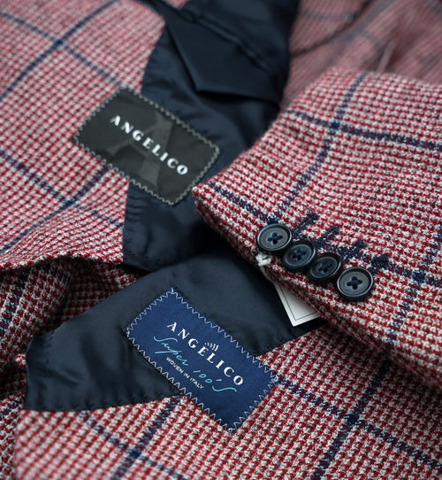 ANGELICO - Łososiowa Marynarka w Kratę Windowpane - Virgin Wool (46)